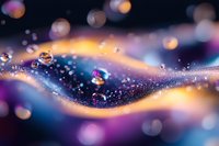 Macro photography of water drops with vibrant purple and orange light reflections creating dreamy bokeh effect against dark background. Abstract artistic composition.
