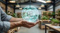 Businessman holding glowing green sphere with recycling arrows in sustainable warehouse with plants and wooden pallets promoting eco-friendly business practices.