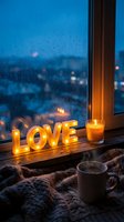 Cozy rainy evening windowsill with glowing LOVE sign, lit candle, steaming coffee cup, and knit blanket, warm hygge atmosphere.