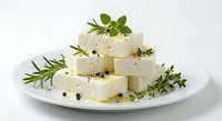 Fresh white cheese cubes with herbs and black pepper on plate, ready for appetizer or Mediterranean cuisine cooking and food photography.