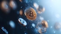 Bitcoin cryptocurrency digital currency blockchain technology financial investment concept with glowing coins and particles.