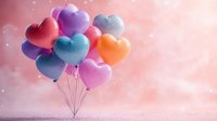 Colorful heart-shaped balloons floating against a soft pink bokeh background with sparkling light effects, suitable for Valentine's Day, love, celebration, and greeting card designs.