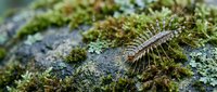 Millipede crawling on moss-covered rock surface in natural forest environment. Macro photography showcasing arthropod wildlife and ecosystem biodiversity.
