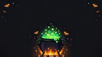 Witch cauldron with glowing green potion, magical bubbles, and flames surrounded by flying bats and sparkles on dark background for Halloween designs.
