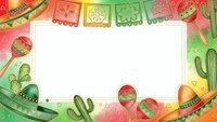 Mexican fiesta frame with colorful papel picado banners, cacti, sombreros and maracas on white background for Cinco de Mayo celebration design.