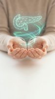 Holographic pancreas organ floating above cupped hands with glowing green wireframe design and light particles for medical technology concepts.
