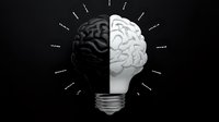 Creative light bulb shaped as human brain split in black and white halves with radiating lines, representing contrast between mind states and innovative thinking.