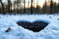 Heart shape formed naturally in snow against dark ground with blurred winter forest background at sunset creates romantic winter atmosphere.