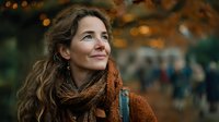Young woman with curly brown hair wearing orange knit scarf looking up with hopeful expression in autumn city setting with warm bokeh lights background.