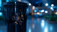 Black coffee cup with glowing logo against blurred urban night background with bokeh lights, creating moody atmospheric composition for cafe and lifestyle content.