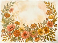 Watercolor floral frame with warm autumn tones, orange and coral blooms, green leaves, and a soft beige center for text or design.