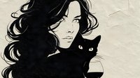 Elegant woman with flowing dark hair holding black cat against textured beige background, artistic minimalist line art style.