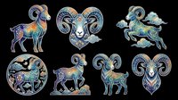 Aries zodiac ram set with ornate folk art patterns, isolated on transparent background, ready for stickers, sublimation, t-shirt design, and print on demand use.