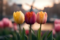 Vibrant yellow and purple tulips in bloom against soft bokeh sunset background, fresh spring flowers with green stems and leaves creating romantic garden atmosphere.
