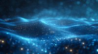 Abstract blue glowing waves with bokeh particles floating in dark space, perfect for technology, digital transformation, or futuristic business backgrounds.
