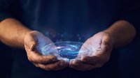 Male hands holding glowing digital planet Earth with network connections in dark blue space background for technology and global communication concepts.