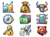 Growth chart with upward arrow and colorful bars, money bag with dollar sign and coins, bull head with horns and rising arrow, compass with cardinal directions and coin, folder stack with lightbulb and gears, calculator with percentage symbols and coins, golden key with padlock, rocket ship launching with coins and clouds, bear head symbol representing market decline.