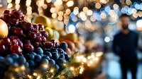 Fresh grapes and blueberries on festive background with golden bokeh lights and decorations, creating luxurious holiday atmosphere for celebrations.