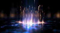 Glowing light rays burst upward from reflective surface creating magical atmosphere with blue and orange illumination against dark background.