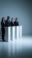 Diverse business team of professionals standing behind white podiums in modern studio setting for corporate presentation or conference event.