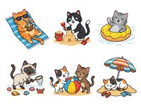 Cartoon cats relaxing and playing in summer activities including beach towel, sandbox, pool float, toys and umbrella on white background.