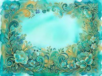 Ornate turquoise and gold floral frame with swirling botanical elements and watercolor background, suitable for invitations and design projects.