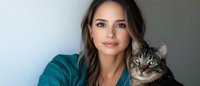 Young brunette woman in teal sweater taking selfie with adorable tabby cat at home. Pet owner bonding moment for social media and lifestyle content.