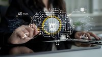 Businessman touching digital brain interface with AI artificial intelligence technology and data analytics in modern office environment.