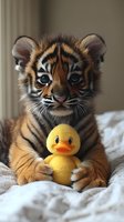 Adorable tiger cub holding yellow rubber duck toy on soft white bedding in cozy indoor setting for children's room decor and nursery themes.