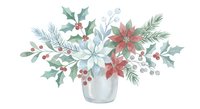 Watercolor Christmas bouquet with poinsettia flowers, holly leaves, pine branches and red berries in white vase isolated on transparent background for holiday designs.