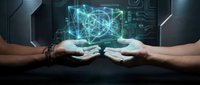Two hands holding glowing digital network hologram with interconnected lines and nodes, representing data connectivity, technology innovation, and digital transformation for business solutions.