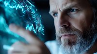 Bearded mature Caucasian man analyzing glowing blue financial chart hologram data visualization in dark environment, focused on market analysis and trading.