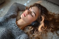 Young caucasian woman with wavy blonde hair lying on carpet wearing gray sweater and headphones, eyes closed in peaceful relaxation. Natural window lighting.