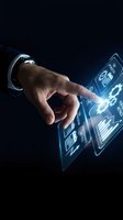 Businessman hand touching holographic interface with glowing digital icons and data visualization on dark background for technology and innovation concepts.