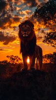 Majestic male lion silhouetted against dramatic orange sunset sky with glowing clouds, standing proudly on rocky outcrop in African savanna landscape.