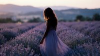 Woman with long dark hair wearing flowing white dress standing in blooming lavender field at sunset, mountains in background, peaceful countryside landscape for wellness and lifestyle content.