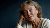 Portrait of elegant senior woman with blonde wavy hair wearing cream cardigan against dark blue background, hand thoughtfully resting on face with gentle smile.