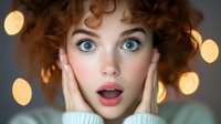 Young woman with bright blue eyes and curly red hair expressing surprise with hands on cheeks against blurred bokeh lights background. Emotional portrait.