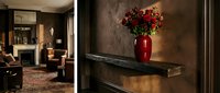 Luxurious living room with fireplace, elegant furniture, and warm lighting alongside close-up of red vase with crimson flowers on dark shelf for upscale interior design projects.