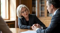 Senior woman with white hair and glasses, wearing black blazer, engaged in professional conversation with middle-aged man in business setting with wooden furniture and bookshelves, suitable for corporate training and business communications.