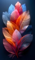 Luminous feather composition with delicate leaf-like patterns in vibrant orange, pink and blue hues against dark background, creating ethereal glow effect.
