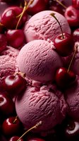 Creamy cherry ice cream scoops surrounded by fresh ripe cherries, showcasing summer dessert with natural ingredients for food marketing.