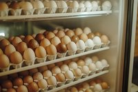 Rows of fresh chicken eggs in cardboard cartons displayed on refrigerated shelves, showing brown and white varieties for grocery retail, farm store, or food production use.