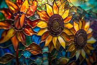 Vibrant stained glass sunflowers with metallic bronze centers against a turquoise and blue background, perfect for home decor, greeting cards and artistic inspiration.