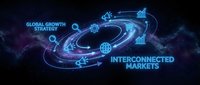 Global growth strategy concept with interconnected markets, digital network nodes, and flowing data pathways on dark background for business presentations and financial communications.