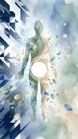 Abstract human silhouette with geometric elements and flowing energy particles representing digital transformation and futuristic technology concepts.