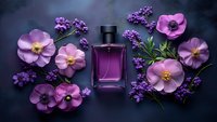 Purple perfume bottle surrounded by pink pansies and lilac flowers on dark background. Luxury fragrance concept for cosmetics and beauty industry.
