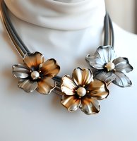 Elegant metallic flower necklace with silver and bronze blooms on black cord, featuring pearl centers and petal details, displayed on white mannequin.