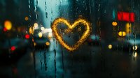 Golden heart drawn on rainy window glass with blurred city lights in background creating romantic urban atmosphere during evening downpour.