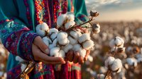 Hands in colorful ethnic clothing hold fresh cotton flowers against sunset cotton field background, showcasing natural fiber harvesting and textile industry.